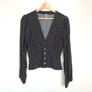 Free People Black/White Polka Dot Long Sleeve Button VNeck Top/Blouse Women’s XS